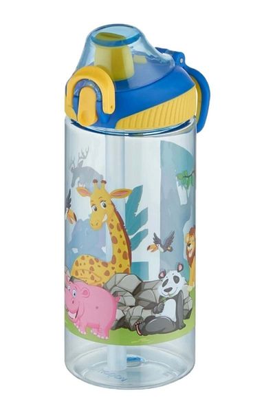 wakawakakidsstore Afari Animals Patterned Children's Water Bottle with Straw (500 ml) - Blue - 2-8 Years