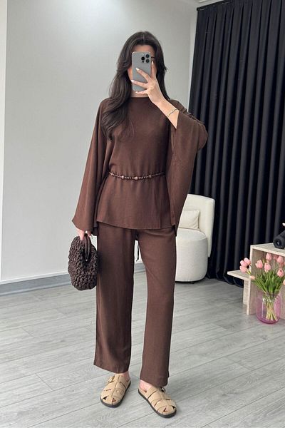 ECEMİ Nancy Beaded Belted Brown Cape Set