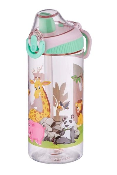 wakawakakidsstore Afari Animals Patterned Children's Water Bottle with Straw (500 ml) - Pink - 2-8 Years