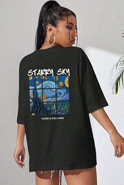 ciwi&life Μαύρο μπλουζάκι Unisex Starry SKY με εμπριμέ χαλαρή εφαρμογή