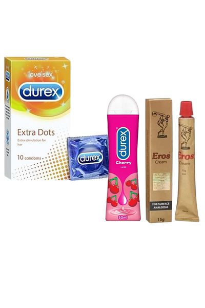 Durex Extra Dots Condoms 10pcs Sherry Lube 50ml Eros Cream 15g – Intimacy Pleasure Combo Set
