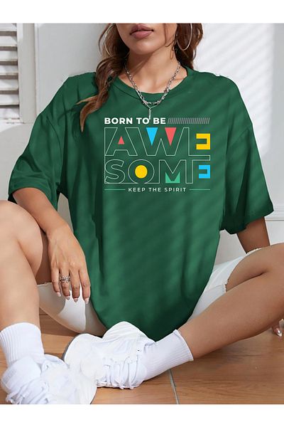 halowear Unisex Awe Μερικά εμπριμέ Πράσινο T-Shirt με χαλαρή εφαρμογή