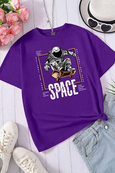 yueswear Μωβ μπλουζάκι Unisex Space Printed Relaxed Cut