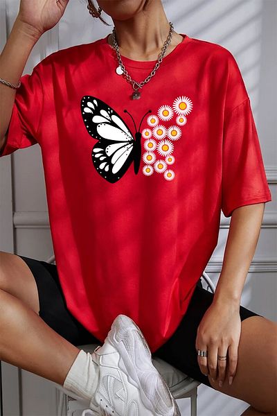 ciwi&life Unisex Daisy Butterfly Printed Relaxed Cut Red T-Shirt