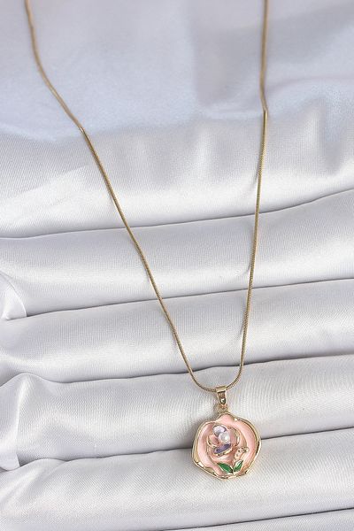 Skygo 316L Steel Gold Color Chain Pink Colorful Flower Embroidered Pearl Detail Portrait Model Women's Necklace - Tj-Bko