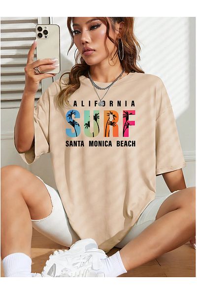 halowear Μπλουζάκι Unisex SURF με εμπριμέ χαλαρή εφαρμογή μπεζ