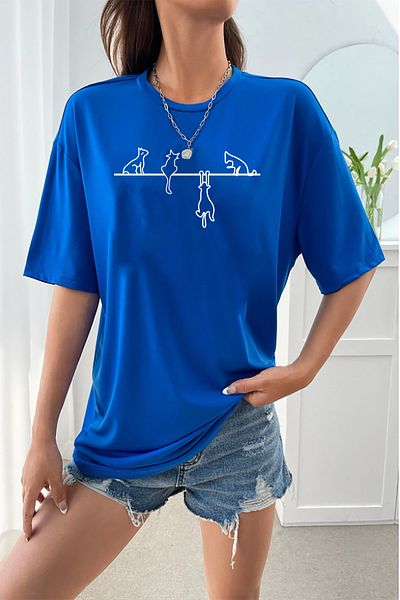 halowear Μπλουζάκι Unisex Cats on a Rope με θέμα τυπωμένο χαλαρή εφαρμογή Sax-Blue T-shirt