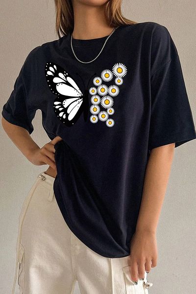 yueswear Μπλουζάκι Unisex Daisy Butterfly με χαλαρή εφαρμογή Navy Blue