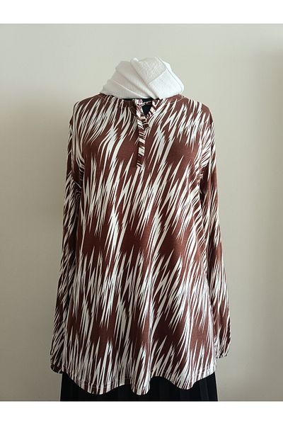 ÖZNUR GÖZÜBEK Women's Clothing Mother's Day Gift Brown Striped Long Sleeve Combed Cotton