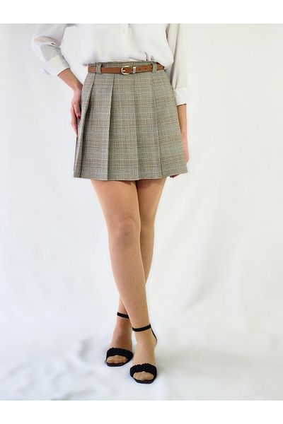 YAXİ Ecru Plaid Woven Pleated Skirt with Belt High Waist