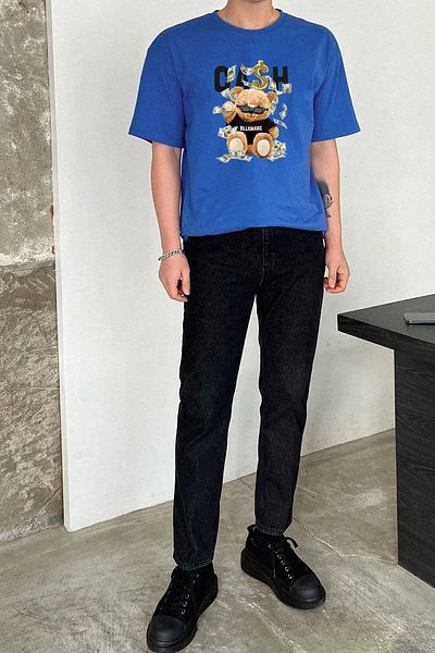 yueswear Μπλουζάκι Unisex Cash Bear με χαλαρή εφαρμογή Sax-Blue
