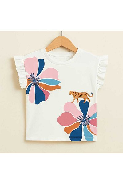 gigigiyim Tricou pentru fetiță cu mâneci cu volane, cu imprimeu floral, alb