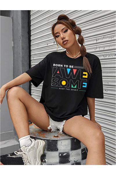 qavnas Unisex Awe Some Printed Relaxed Cut Black T-Shirt
