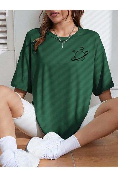 memowear Unisex Saturn Printed Loose Cut Πράσινο T-Shirt