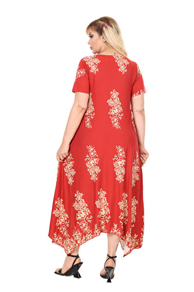 MELSAY Women's Short Sleeve Asymmetrical Pomegranate Flower Panel Pattern Large Size Dress