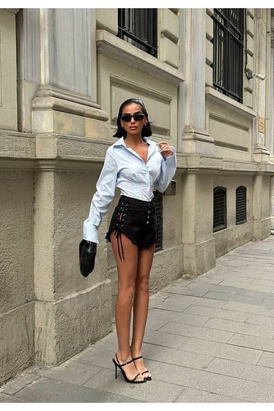 Friday Mood Pantaloni scurți din denim cu ochiuri de damă