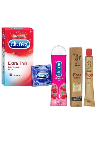 Durex Extra Thin Condoms 10pcs Cherry Flavoured Lube 50ml Eros Cream 15g – Intimacy Combo Set