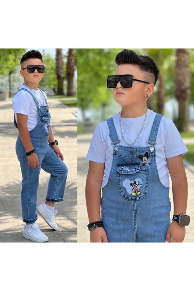 yns coolstar Mcky Cute Character Embroidery Unisex Cotton Jeans Salopet Jumpsuit