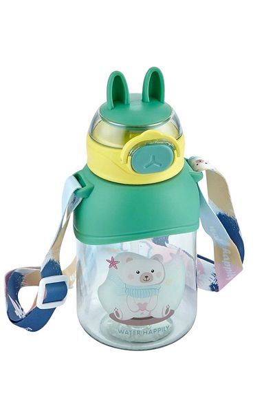 wakawakakidsstore Pink Children's Straw Bottle with Rabbit Ears (400 ml) - Green - 2-8 Years
