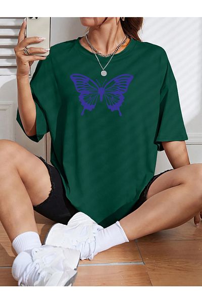 qavnas Unisex Μωβ Πεταλούδα με στάμπα Loose Cut Πράσινο T-Shirt