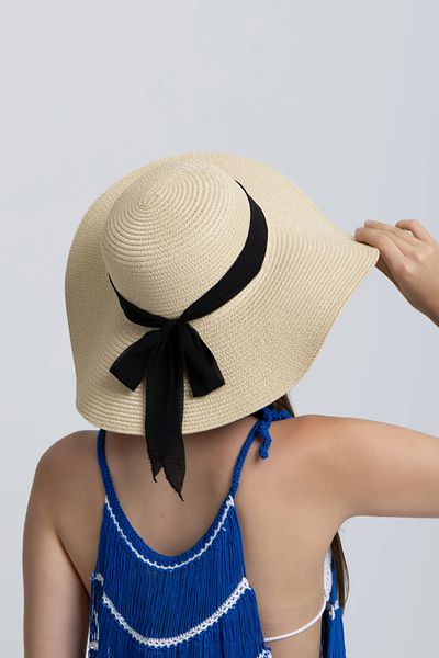 FELLMENS Beige Bow Wide Straw Women's Hat