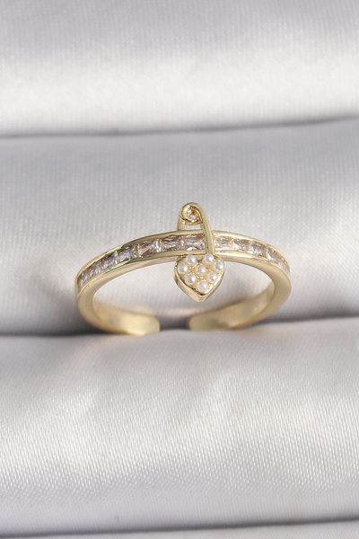 Skygo Brass Gold Color Zircon Stone Pearl Detail Lock Heart Figure Adjustable Ring - Tj-Byk3537