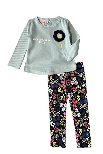 wakawakakidsstore Önü Baskılı Çiçek Aplikeli Alt Üst Takım - Mavi - 6-9 Ay