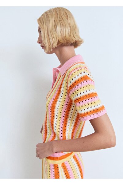 MANGO Woman Çizgili delikli örgü kazak