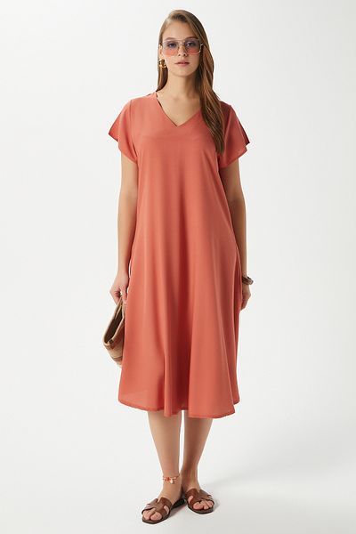 Ritnice Women's Luisa Orange Midi Length Bell-Cut Cotton Dress