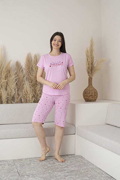 Lio20 Set de pijamale cu mânecă scurtă din viscoză cu model de inimă pentru femei - roz