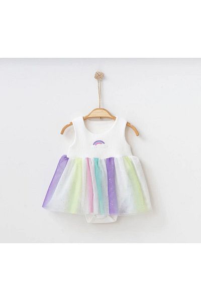 XORVİO Girl's White Rainbow Pattern Tulle Snap Fastener Bodysuit Dress Summer Cotton Evening Dress Wedding Dress Gift Stylish