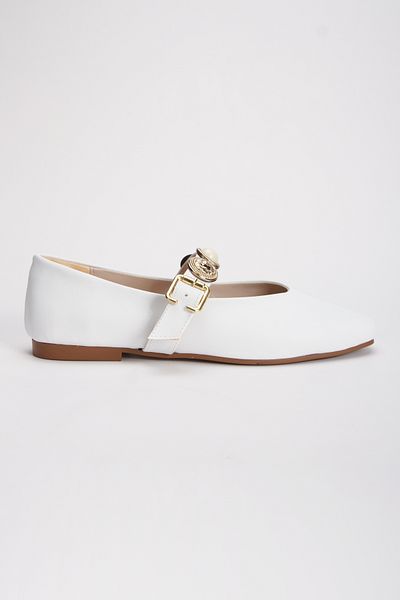 MİSS AMORE Girl's White Pearl Stone Detailed Graduation Wedding Birthday Daily Buckle Ballerinas