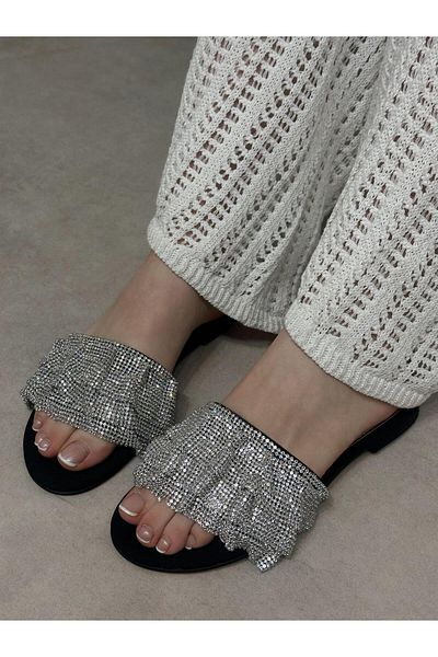 ERVANIN BUTİĞİ Black Suede (Snow) Silver Women's Slippers
