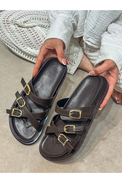 ERVANIN BUTİĞİ Brown Skin (Ceor) Women's Slippers with Belt Detail