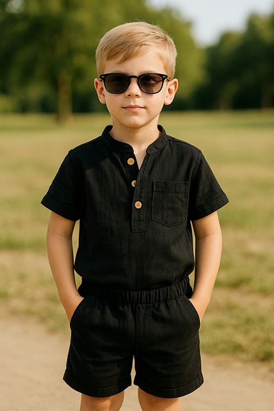 MİNİKANKA Boys' Linen Fabric Shirt and Capri Muslin Woven Boys' Summer Double Suit