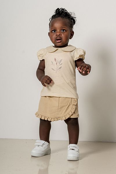 bombe Baby Kids Beige Bebe Collar Cotton Shorts Set of 2 Trend Fashion Bottom Top Set