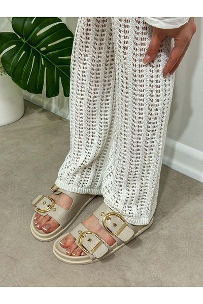 ERVANIN BUTİĞİ Beige Skin (Keira) Double Buckle Women's Slippers