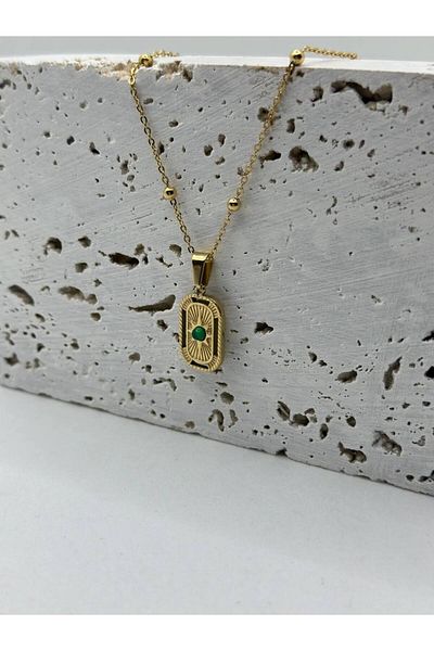 lysiaaccessory Gold Emerald Green Bead Detailed Ball Chain Plate Necklace