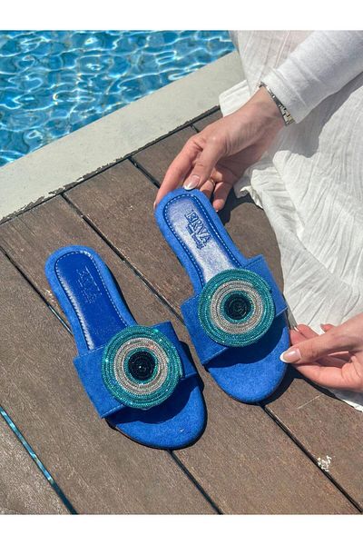 ERVANIN BUTİĞİ Saks Blue Suede (Willy) Silver Stone Detailed Women's Slippers