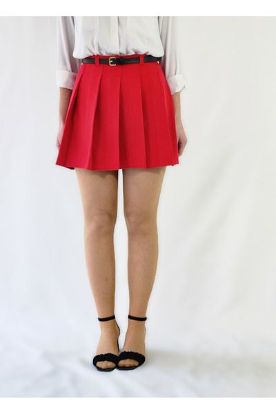 YAXİ Red Woven Pleated Skirt with Belt High Waist