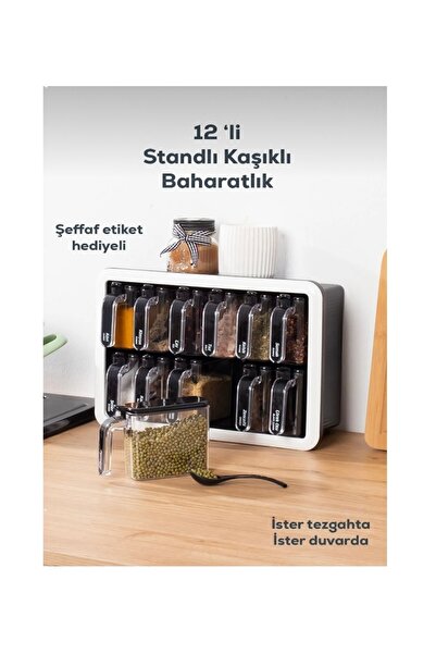 abnturk 12’Li Standlı Kaşıklı Baharatlık Etiketli Kapaklı Şık Tasarımlı Bahar...