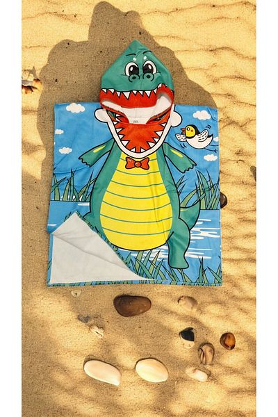 MİLAYS LİFE HOME COLLECTİON Model de dinozaur - prosop de plajă cu pelerină imprimată pe față și pe spate