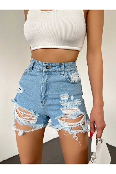 Zeliza Moda Evi Lazer Yırtık Detaylı Mini Kadın Kot Denim Şort