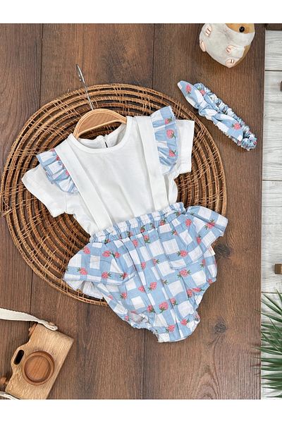 tiwitibaby Plaid Pattern Strawberry Printed Bandana Badili Summer Baby Girl Jumpsuit with Snaps at the Bottom