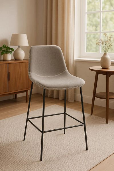 MARIA HOMES Contemporary Faux Leather Bar Stool with Stitch Detailing and Black Metal Legs – Taupe Finish