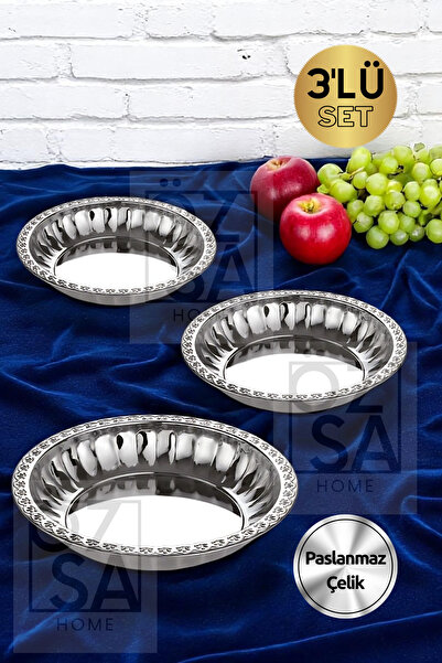 ÖzSa Home 3'lü Lüx Çelik Salata Meyve Tabağı Salata Kasesi Seti Mısır Kasesi 23-27-30 Tabak Kase Seti