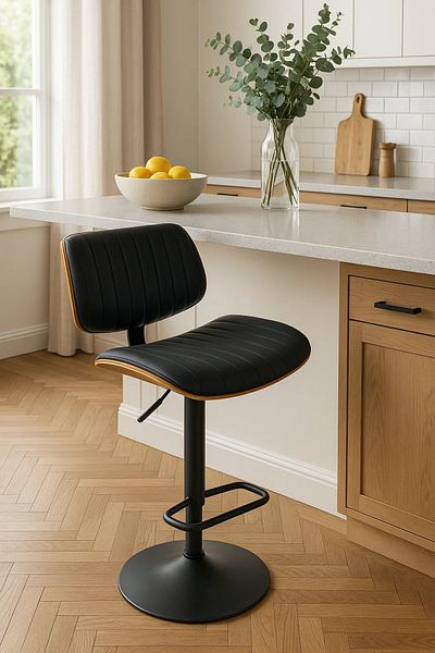 MARIA HOMES Adjustable Black Bar Stool with Backrest – Modern Faux Leather High Chair for Home or Cafe Use