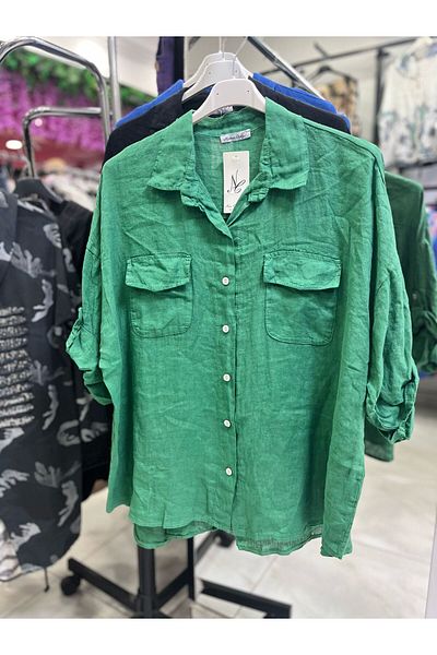 CELTMODA Women's 100% Linen Imported Buttoned Shirt Jacket with Pockets - Green