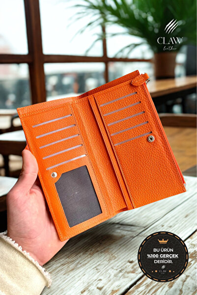 clawleather Portofel de damă din piele naturală portocalie cu fermoar și cure...