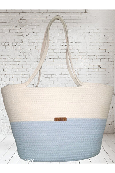 AZR HOME DESİGN Natural Jute Rope Handmade White Blue Beach Bag